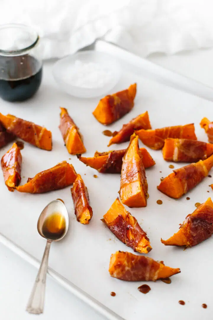 Prosciutto Wrapped Sweet Potatoes with Maple Balsamic Glaze